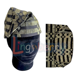 Black & Gold Aso Oke Fila: Yoruba Wedding Cap - African Mens Hat