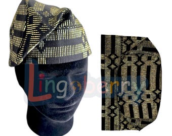 Black & Gold Aso Oke Fila: Yoruba Wedding Cap - African Mens Hat