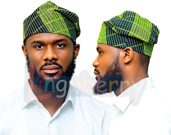 Green Aso Oke Fila: Yoruba Wedding Cap, African Menswear