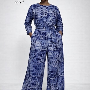 May include: A blue jumpsuit with a geometric pattern. The long-sleeved top is cinched at the waist with a matching belt. The wide-leg trousers have pockets. The text in the image says, "Al-generated image used for styling inspiration. Listing is for fabric only."