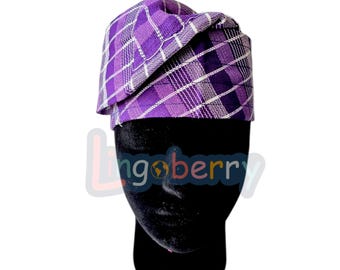 Handwoven Aso Oke Fila: Purple Yoruba Wedding Cap