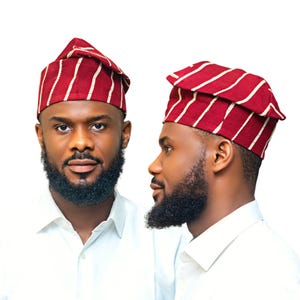 African Fila Gobi | Wine | Red | Plain n Patterned – Premium Aso Oke Yoruba Cap | African hat | Traditional Men&#39;s Cap for Weddings  Parties