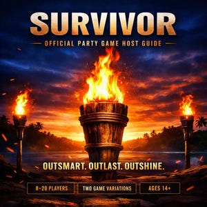 Op de afbeelding: Afbeelding van een speldoos met de titel "SURVIVOR" in gouden letters. De tekst "OFFICIAL PARTY GAME HOST GUIDE" staat eronder. De onderkant van de afbeelding luidt "OUTSMART. OUTLAST. OUTSHINE." en details over het spel.