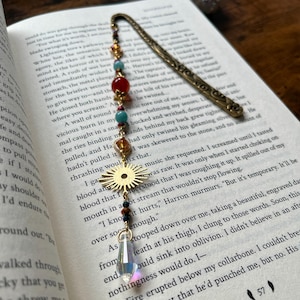 Gold Sun Charm Beaded Metal Bookmark with Prism Crystal and Gemstone Beads, Boho Book Lover Gift, Reading Accessory, Handmade Page Marker