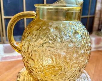 Vintage amberkleurige glazen kan met ijslip – bubbelontwerp uit het midden van de eeuw met textuur