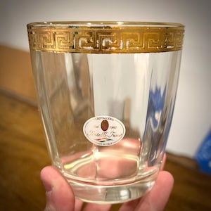 Vintage Cristalleria Fratelli Fumo, Crystal, Double Old-Fashioned, Whiskey Rocks Glasses, Gold Greek Key Trim, Made in Italy, Set of 2