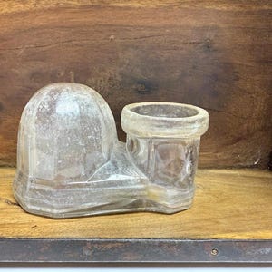 Vintage Glass Inkwell with Pen Rest – Clear Pressed Glass Desk Ink Bottle Holder