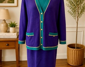Vintage 80s Saks Fifth Avenue 3 Piece Skirt Suit Set Wool Blend Purple Teal Gold Plus Size 18 22