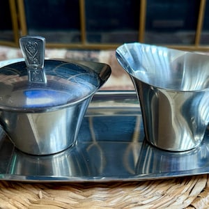 Mid Century Stainless Steel Sugar & Creamer Set with Tray – 18/8 Stainless Vintage Modernist Serving Set