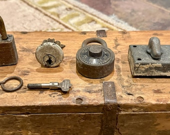 Antique Locksmith Salvage Set of 6, 1919 Patented Boston Skate Key, Vintage Brass Yale Mortise Cylinder, Master Lock 3753 Trailer Hitch Lock