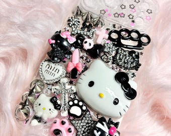RAWR KITTY - Funda para teléfono rosa y negra, funda para iPhone estilo Y2K 3D Decoden, funda Kawaii Kittycore hecha a mano con brillos