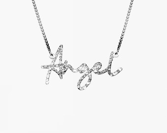 ANGEL - Rhinestone Necklace, Y2K Silver Pendant, Stainless Steel Angel Charm, McBling Jewelry