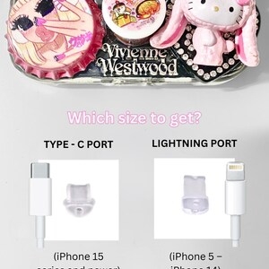 May include: A decorative phone case with a pink Hello Kitty figure, a pink and silver Vivienne Westwood logo, and a pink and white cartoon image. The image also shows a Type-C port and a Lightning port with the text "Which size to get?"