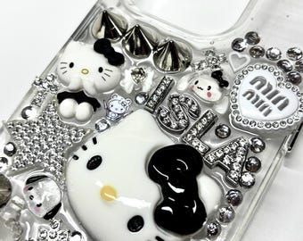 MIDNIGHT KITTY - Phone Case, Dark Coquette 3D Decoden iPhone Cover, Black Bow Y2K Custom Name Charm Case