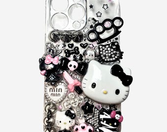 RAWR KITTY - Pink Black Phone Case, Trashy Y2K 3D Decoden iPhone Cover, Kawaii Kittycore Handmade Bling Case