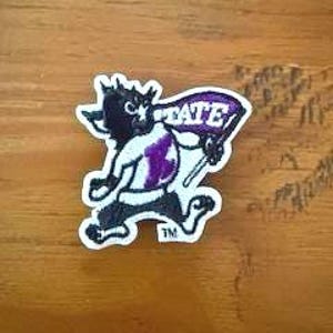 May include: Embroidered patch featuring a cartoon wildcat mascot in black, white, and purple, holding a banner that reads "STATE". The patch has a white border and is set against a wooden background.