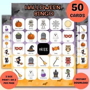 Gioco del bingo di Halloween: 50 carte stampabili, attività per feste in classe, divertimento per bambini e famiglie