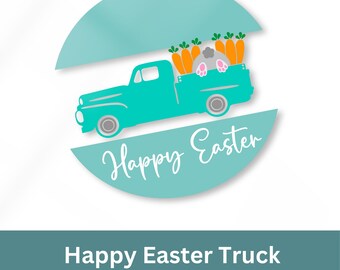Vintage Truck Happy Easter SVG, Retro Farm Truck, Bunny, and Carrots. Instant Digital Download. SvG, EpS, PnG, DxF. Personal Use