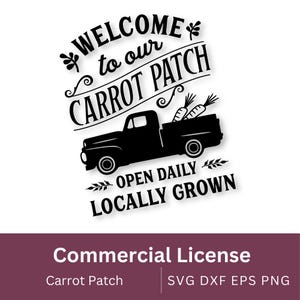 Może przedstawiać: Czarno-biała sylwetka pickupa z marchewkami w skrzyni ładunkowej. Pickup jedzie w prawo. Nad pickupem znajduje się tekst "Witamy w naszym polu marchewek". Pod pickupem znajduje się tekst "Otwarte codziennie Hodowane lokalnie".