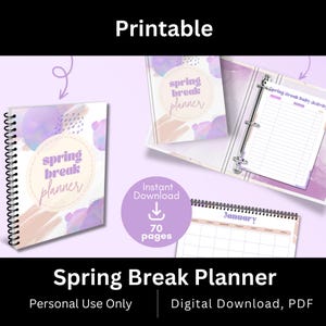 Planificador imprimible para las vacaciones de primavera. Diseño floral morado. 70 páginas. Calendarios adicionales. Tamaño carta. Descarga digital en PDF.