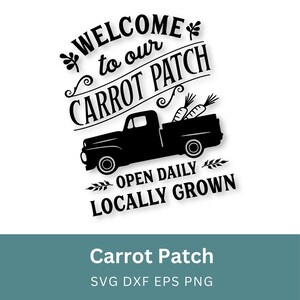 Puede incluir: Silueta en blanco y negro de una camioneta con zanahorias en la caja. La camioneta está conduciendo hacia la derecha. El texto "Bienvenido a nuestro huerto de zanahorias" está por encima de la camioneta. Debajo de la camioneta está el texto "Abierto todos los días Cultivado localmente".