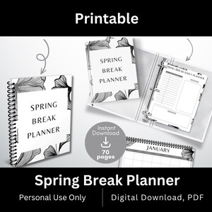 Planificador imprimible para las vacaciones de primavera. Diseño floral en blanco y negro. 70 páginas. Calendarios adicionales. Tamaño carta. Descarga digital en PDF.