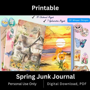 Diário de Junk da Primavera para Imprimir | Caderno de Exercícios Floral de 17 Páginas, Ephemera Vintage, Ilustrações da Natureza (PDF)