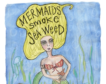 Mermaid Art Print Watercolor Painting - Smoke Seaweed