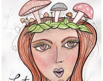 Mushroom Garden Woman, Art Print Wall Art Decor Watercolor Painting Portrait  8 x 10 - Let That Shitake Go