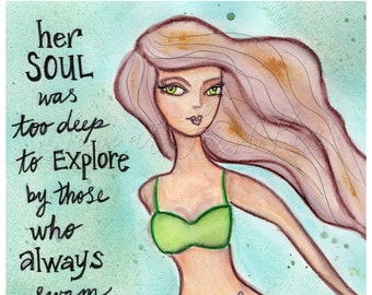 Mermaid Watercolor Painting, Art Print Motivational Art - 8 x 10 - Beach Vibes