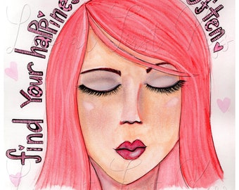 Watercolor Painting Woman with Pink Hair, Art Print Wall Art 8 x 10 - Find Your Happiness, Go There Often