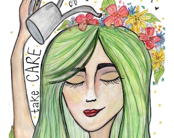 Garden Watercolor Painting, Portrait of a Woman, Art Print 8 x 10 - Take Care of Yourself Garden Flowers Green Hair