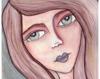 Watercolor Painting Art Print, Portrait of a Woman with Purple Lipstick