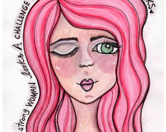 Strong Woman - Pink Hair Portrait, Art Print Wall Art Decor Watercolor Painting Girl 8 x 10 -  Wink at Challenge