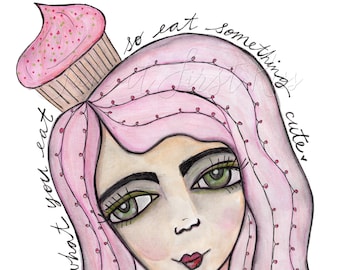 Cupcake Woman Watercolor Painting - Cute Pink Girl Art Print