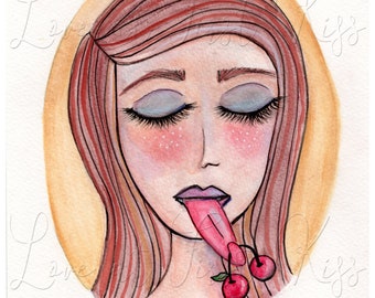 Cherries Watercolor Painting - Tongue in Cheek, Portrait of a Woman with Cherry