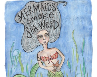 Mermaid Seaweed Watercolor Painting Art Print