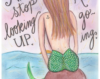 Mermaid on Rock Watercolor Painting Art Print - Beach, Inspirational