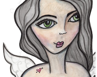 Watercolor Painting Art Print - Angel Wings Heart Tattoo