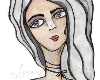 Woman with Choker Watercolor Painting Art Print - Steampunk Gothic