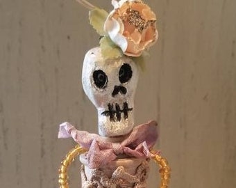 Handmade Skull Bead Skeleton Doll Assemblage with Vintage Lace and Tart Tin, Day of the Dead Creepy Cute Art