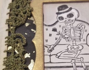 Skully Junk Journal Handmade, Gold, Skeletons, Creepy Cute Couple