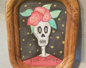 Hand Painted Original Watercolor Painting in Vintage Wood Frame - Skull Skeleton Lady - Day of the Dead Gothic - Free Spirit