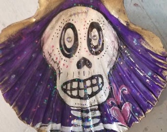 Handpainted Skeleton Skull Sea Shell Scallop Seashell Sealed in Art Resin Ring Dish