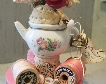 Vintage Sewing Notions Valentine Box of Buttons Teapot and Teacup with Lace