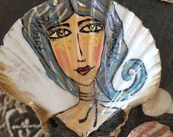 Handpainted Forgive Yourself Sea Shell Scallop Seashell Sealed in Art Resin Ring Dish Girl with Choker Necklace