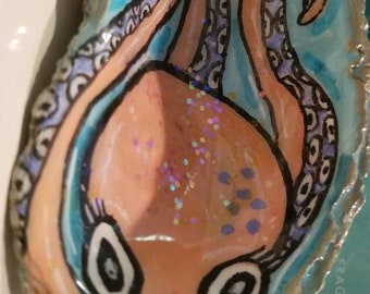 Handpainted Orange Octopus Oyster Sea Shell Seashell with Swarovski Crystal, Sealed in Art Resin Ring Dish