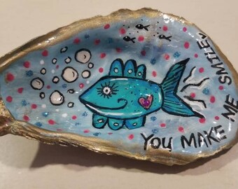 Hand Painted Fish Oyster Seashell Shell Art Sealed in Art Resin - Ring Dish - You Make Me Smile