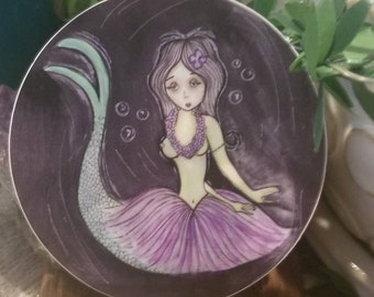 May include: A purple and green mermaid with a flower in her hair, on a dark purple background with white bubbles.