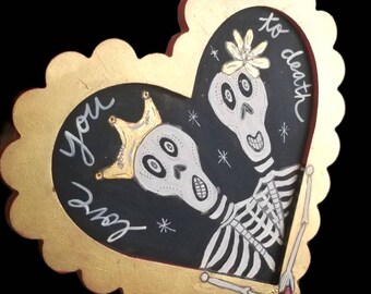 Day of the Dead Gothic Skeleton Couple ~ Skulls Skeletons in Wood Heart Frame, Gold Love You to Death